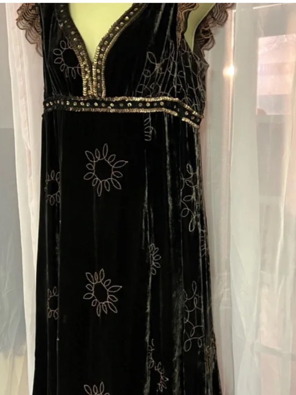 Vintage Nanette Lepore Velvet Dress Brown Embroidered Sequin Y2K - Picture 3 of 6